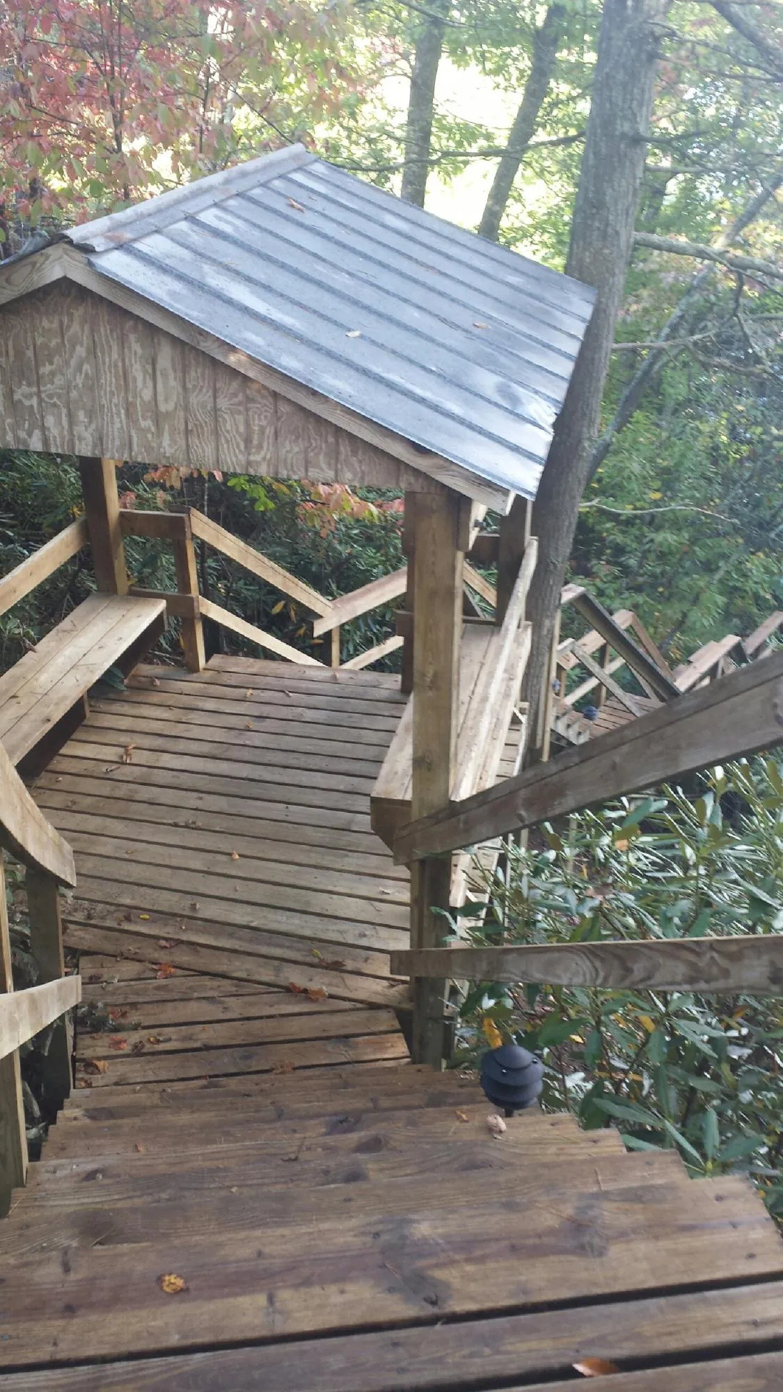 Metal roofed shelter over wooden steps on a wooded walkway — Skylight Repair & Installation work by our crew in Meadow